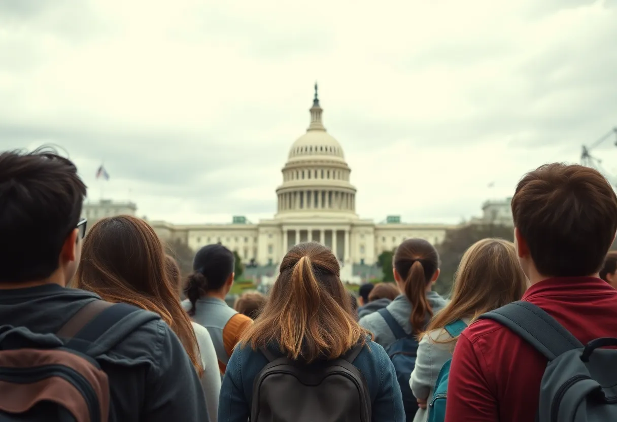 Group of students looking at the U.S. Capitol, expressing disappointment.