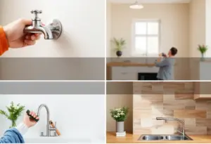 Various DIY home repair projects including faucet repair, wall patching, and backsplash installation.