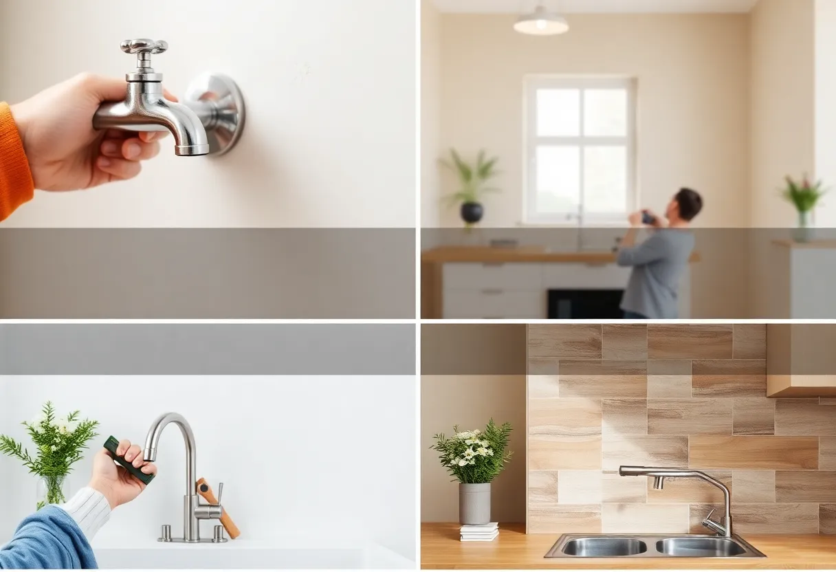 Various DIY home repair projects including faucet repair, wall patching, and backsplash installation.
