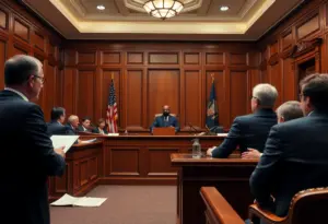 Courtroom scene during SEC lawsuit proceedings
