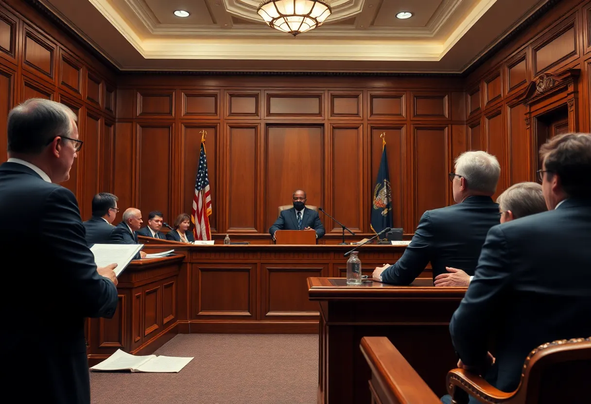 Courtroom scene during SEC lawsuit proceedings