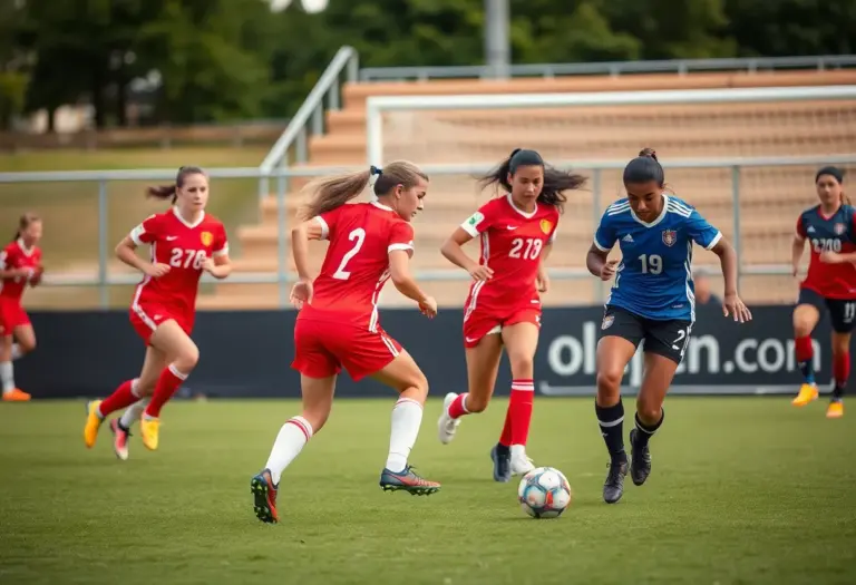 Action shot of Fordham women's soccer team during a match