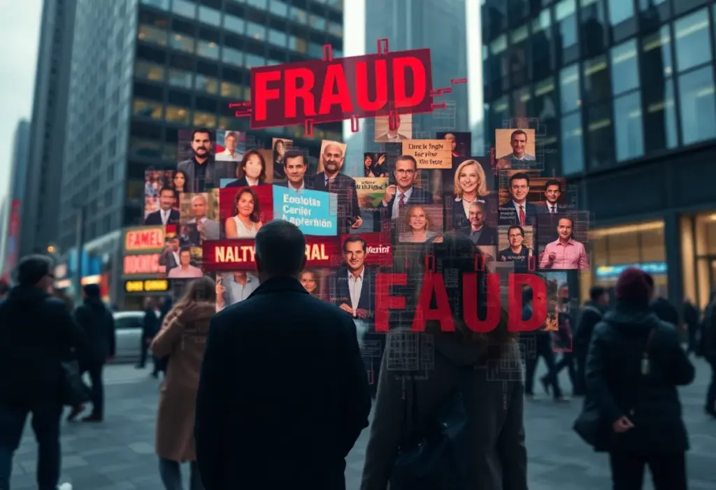 An abstract representation of fraud and scams targeting individuals in urban settings.