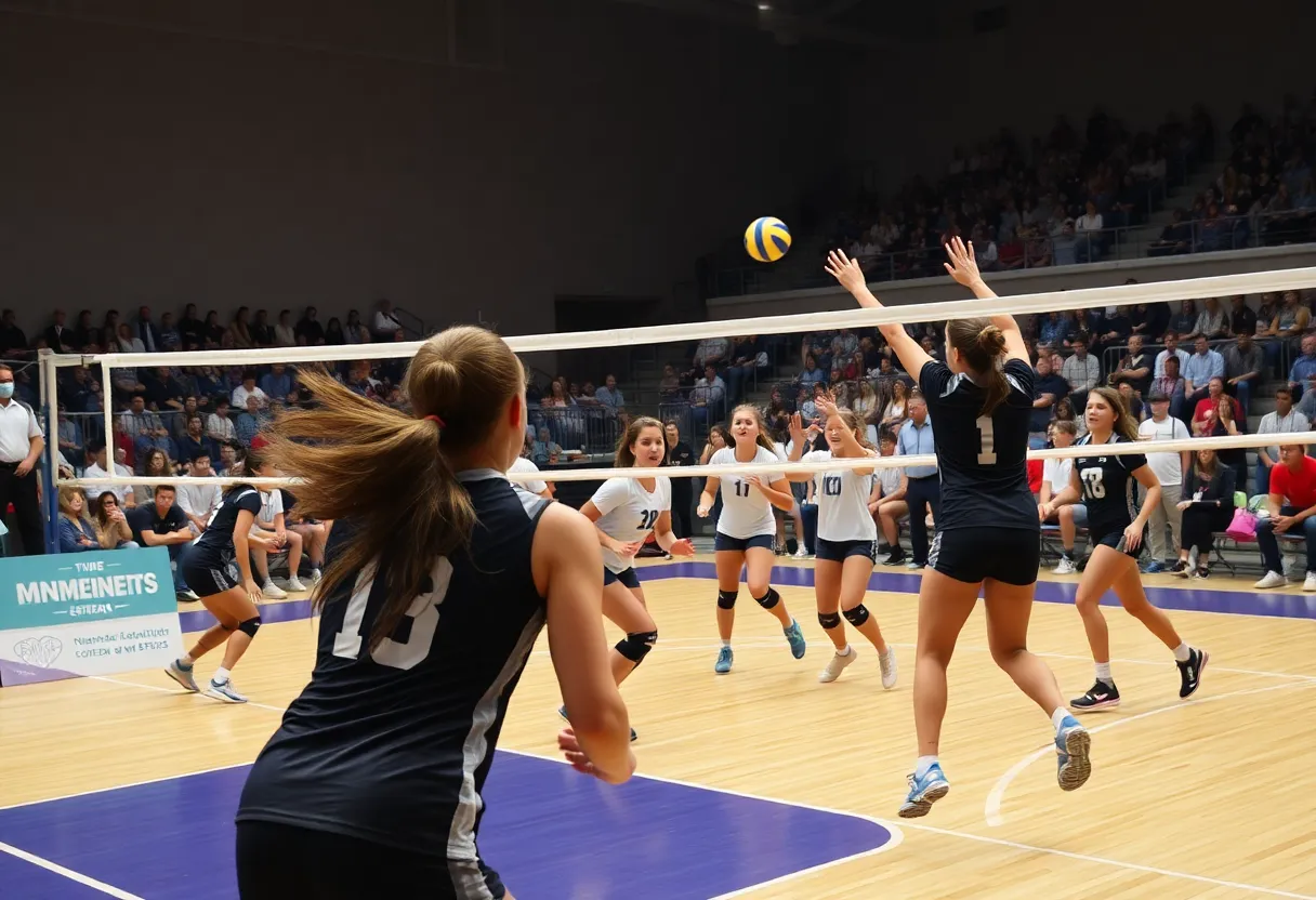 George Mason University women's volleyball team in action during a match against George Washington University.