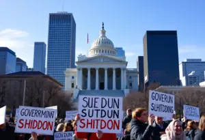 Protesters rallying against the federal government shutdown in front of a government building.