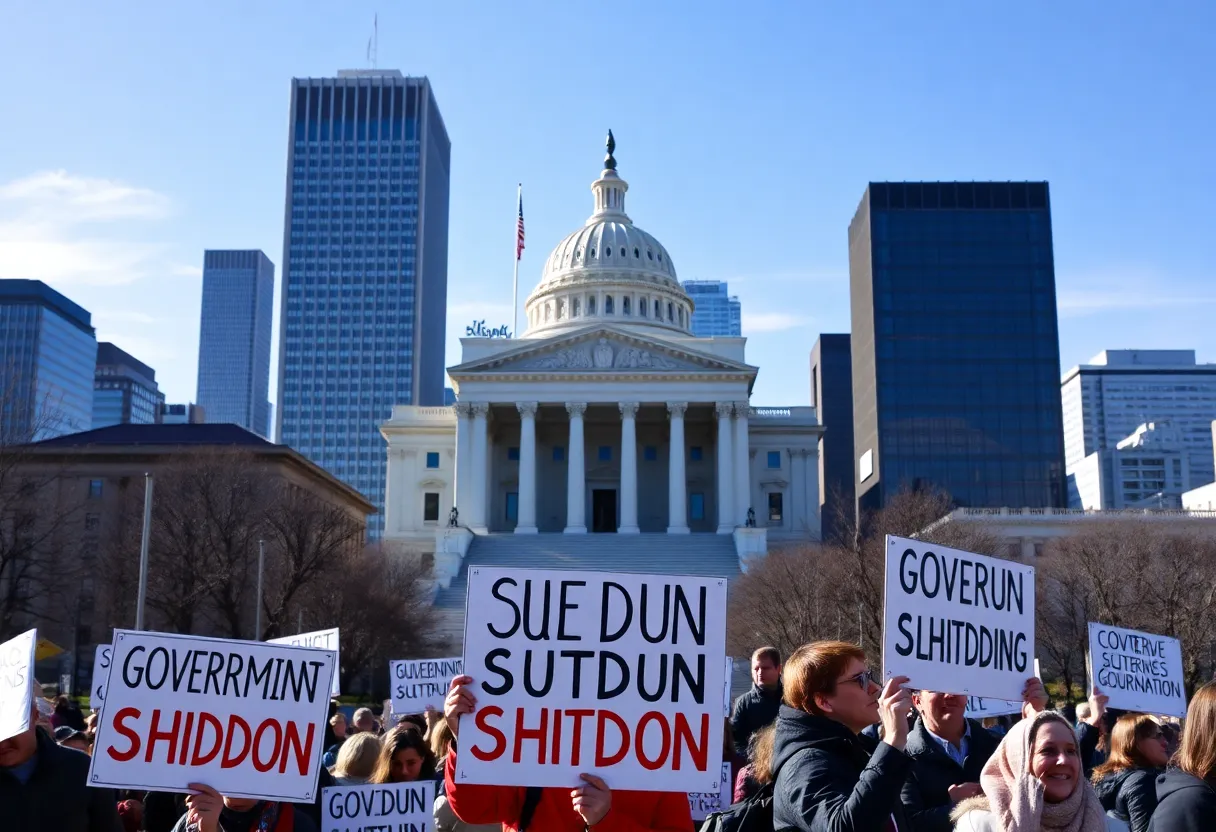 Protesters rallying against the federal government shutdown in front of a government building.