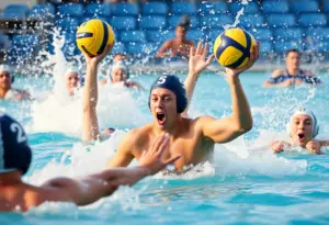 Energetic water polo match featuring college players vying for possession of the ball