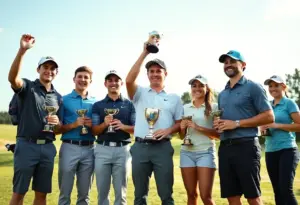 GW men's golf team celebrating their record achievements on the course.
