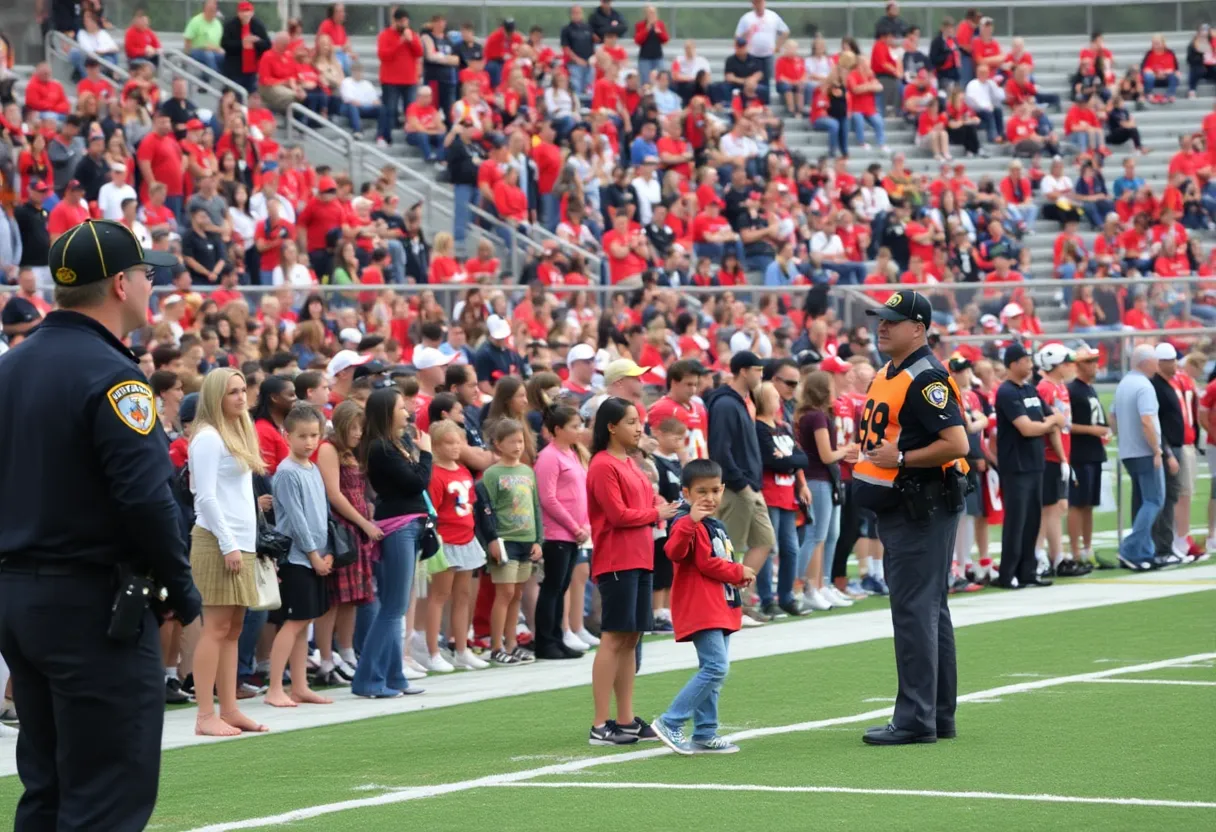 Security personnel overseeing a high school football game crowd