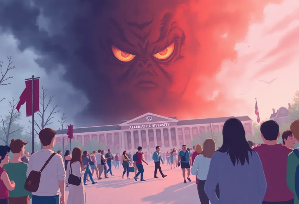 A vibrant university homecoming event with a shadow representing gun violence concerns.