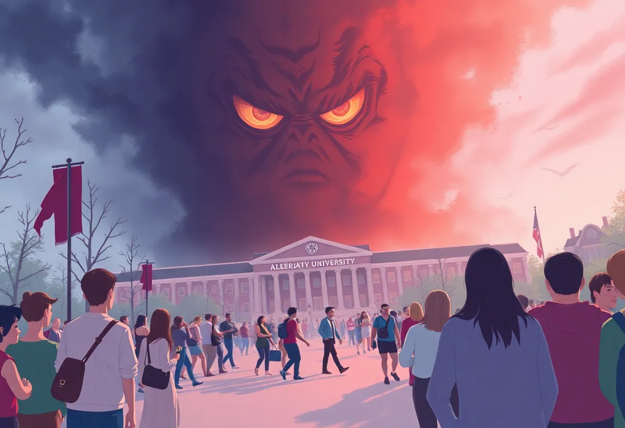 A vibrant university homecoming event with a shadow representing gun violence concerns.