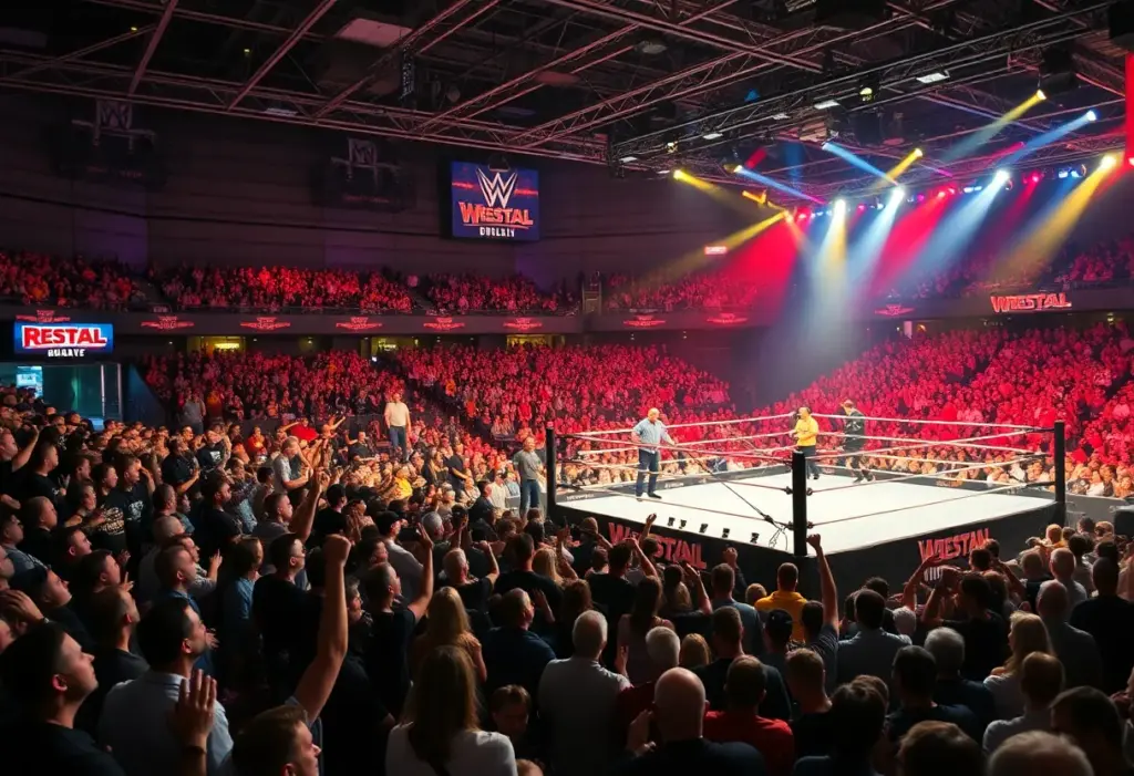 Fans cheering at John Cena's final match event in a wrestling arena