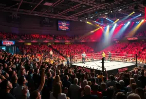 Fans cheering at John Cena's final match event in a wrestling arena