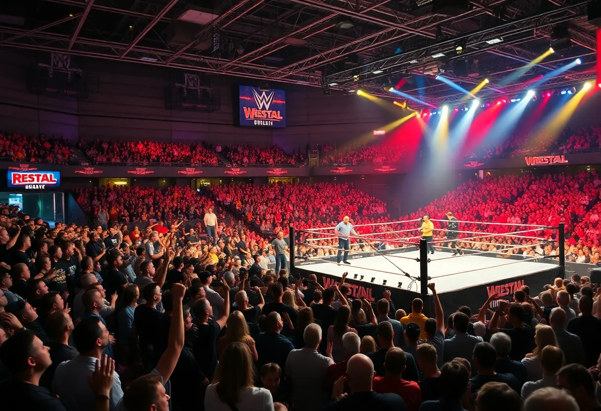 Fans cheering at John Cena's final match event in a wrestling arena