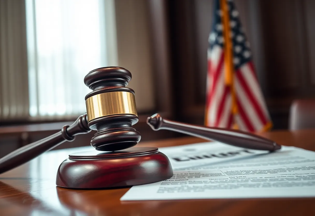 Gavel on courtroom table representing justice and legal system