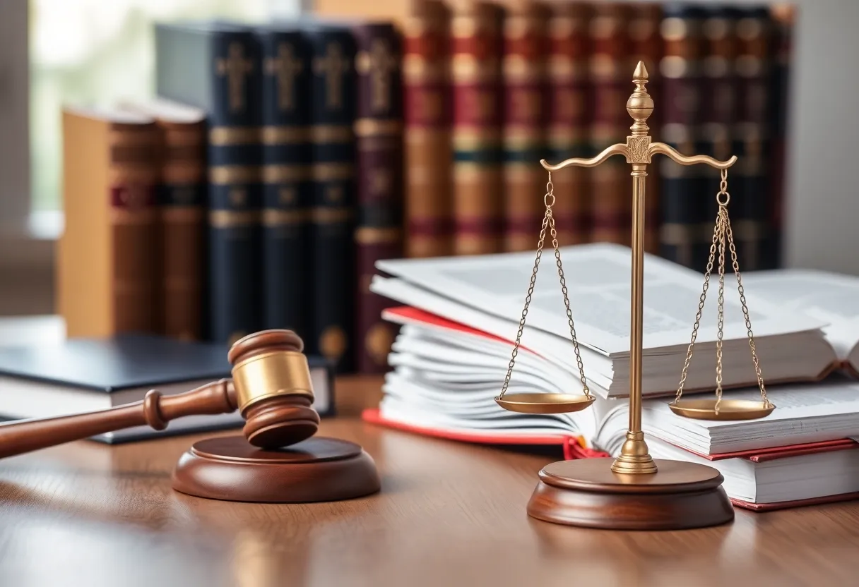 Image of a law office with legal books and a gavel.