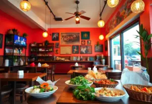 Interior view of Letena Restaurant with healthy dishes on display