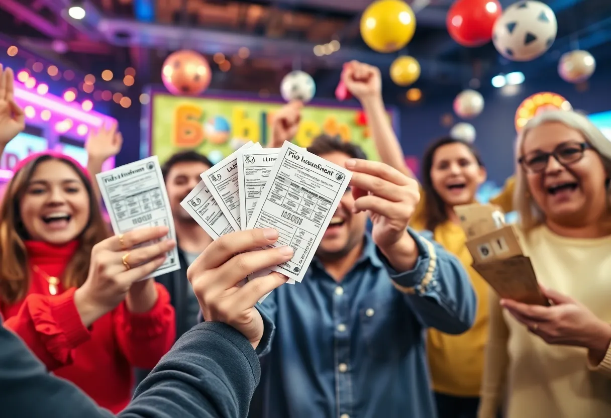 Celebration of lottery winners with tickets and cash
