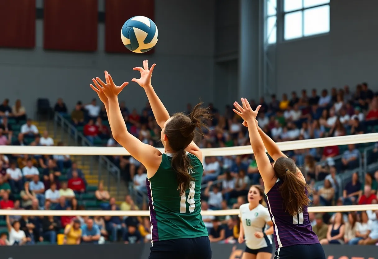 Women’s volleyball players in action during a match.