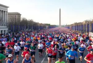 Runners participating in the Marine Corps Marathon amidst crowds and landmarks.