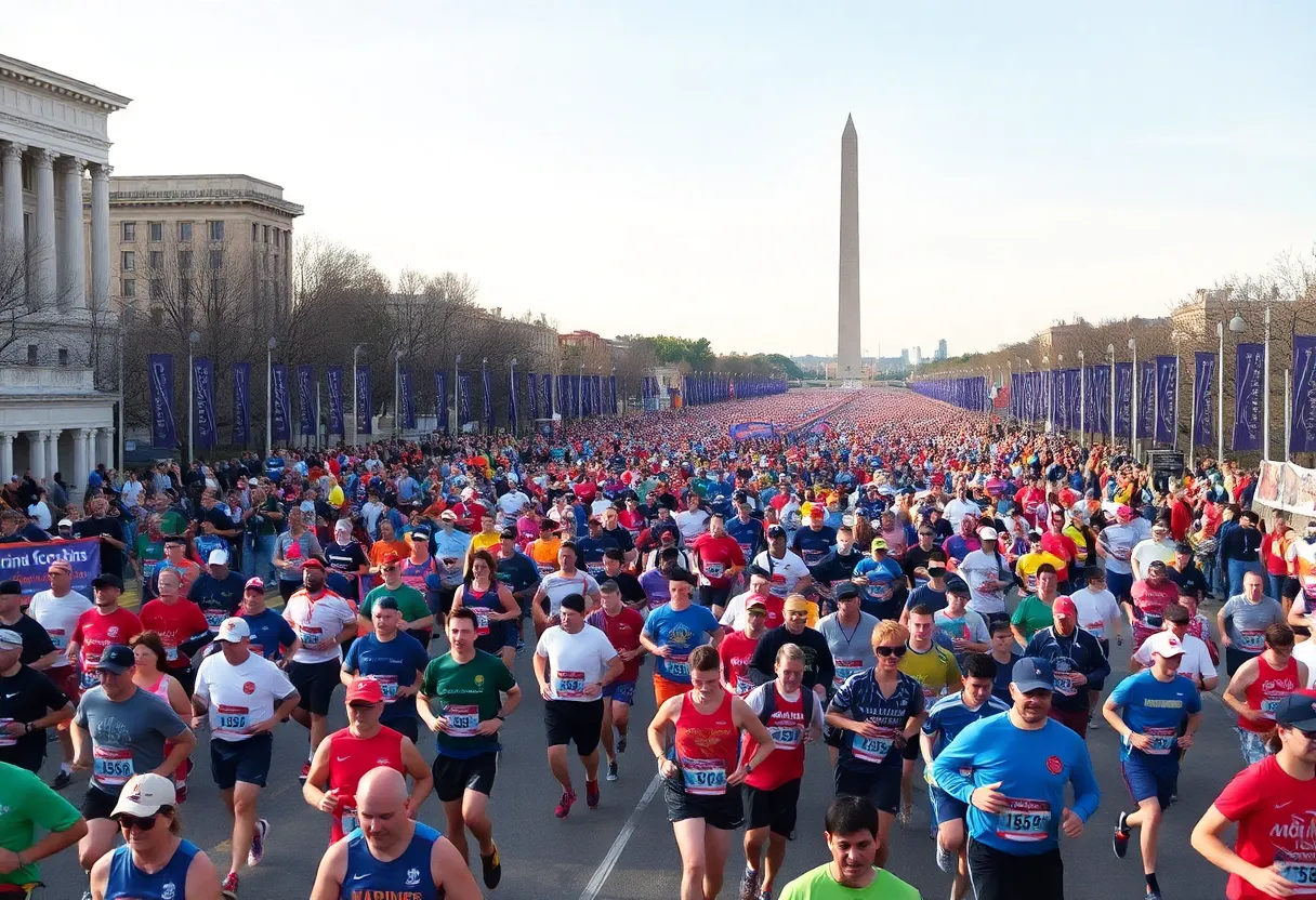 Runners participating in the Marine Corps Marathon amidst crowds and landmarks.