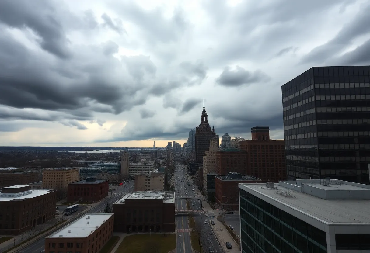Cityscape of Michigan with ominous clouds representing potential economic disruption.