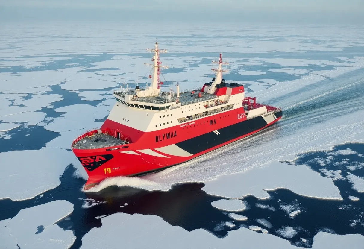 An advanced icebreaker ship operating in icy conditions.