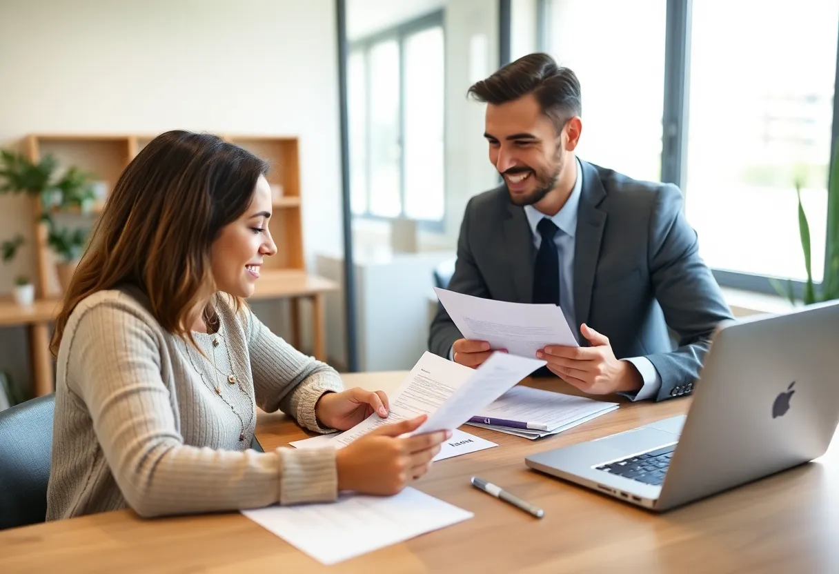 A first-time buyer discussing mortgage options with a lender.