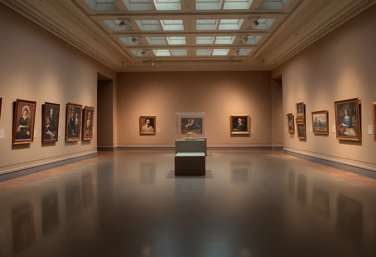 Empty interior of the National Gallery of Art with artworks displayed