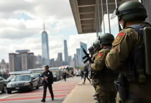 National Guard troops deployed in a city, observing law enforcement activities.