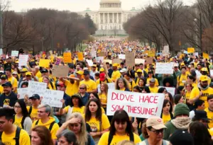 Crowd at the No Kings protest wearing yellow