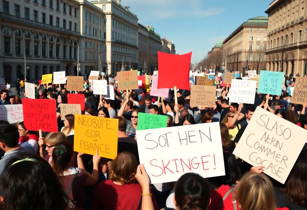 Crowd of protesters holding up signs during the No Kings protests in Washington D.C.