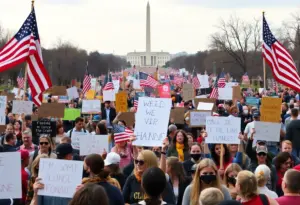 Participants of the No Kings protests gathering in Washington D.C. holding signs and flags