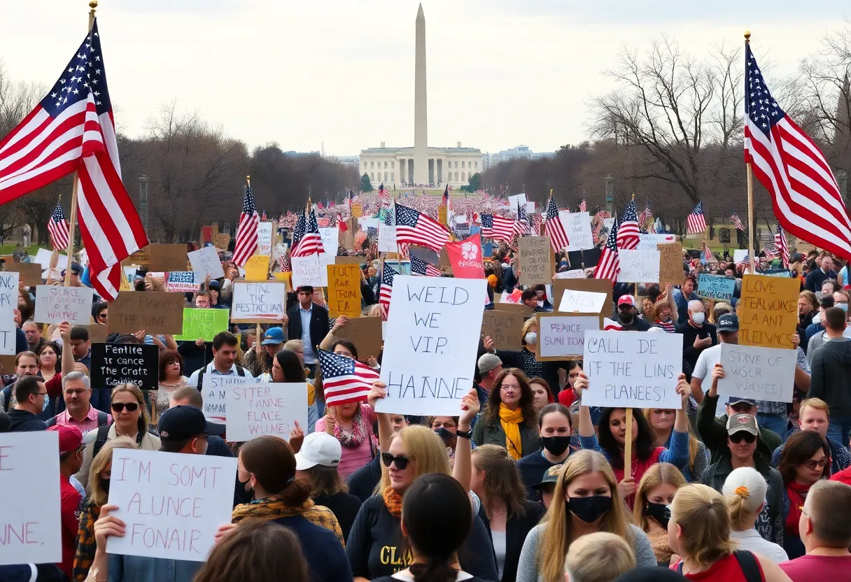 Participants of the No Kings protests gathering in Washington D.C. holding signs and flags