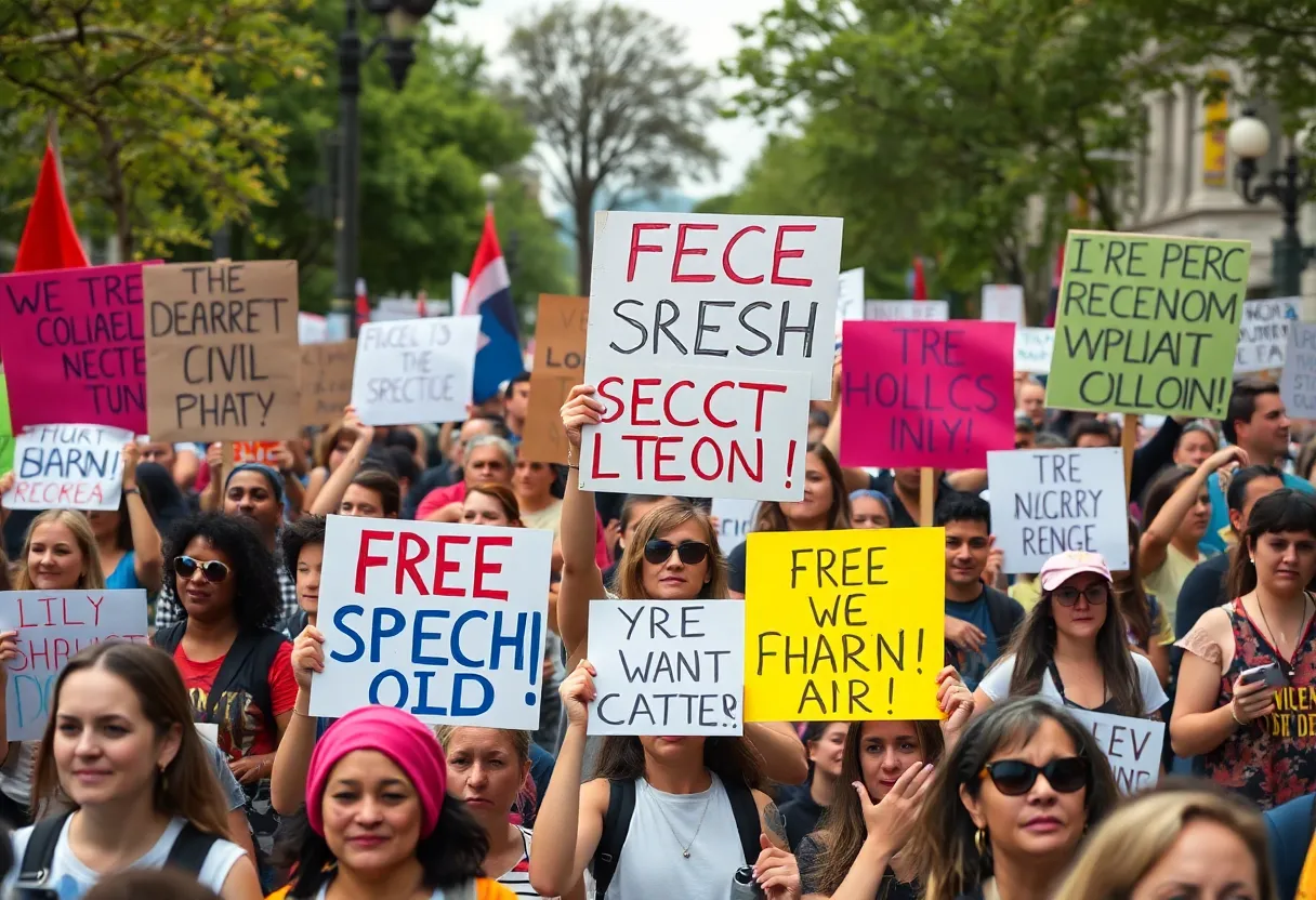 Crowd at No Kings protests advocating for democracy.