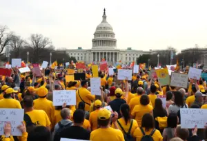 Participants of the No Kings rally in yellow clothing protesting near the U.S. Capitol.