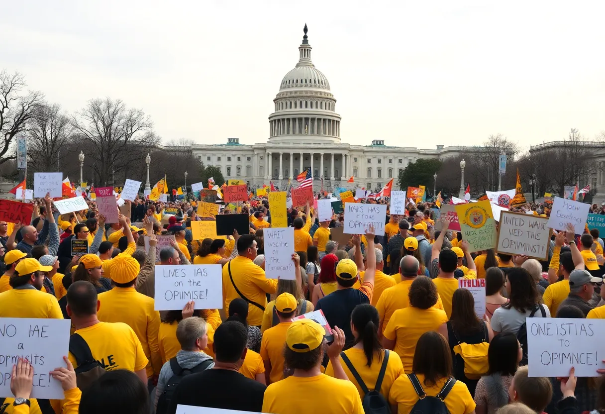 Participants of the No Kings rally in yellow clothing protesting near the U.S. Capitol.