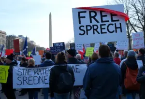 Demonstrators at a protest in Washington D.C. holding signs