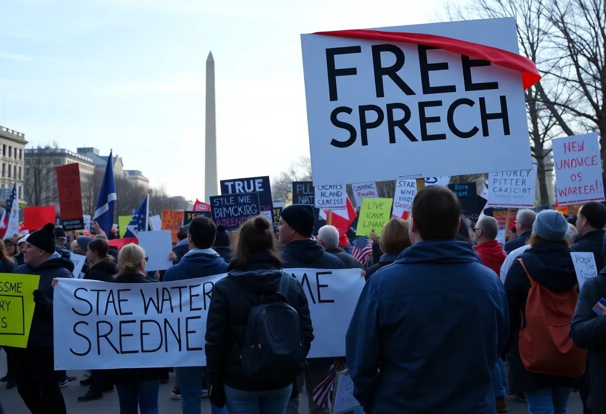 Demonstrators at a protest in Washington D.C. holding signs