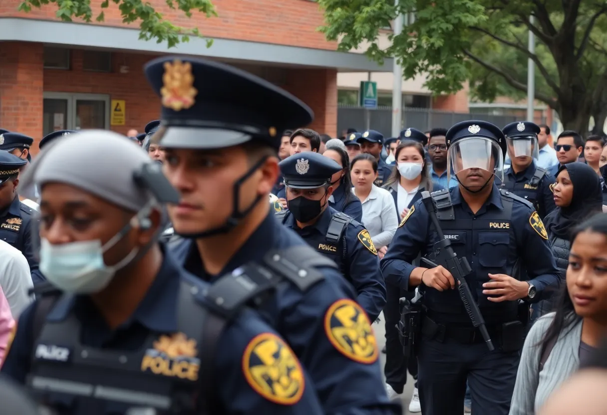 Police officers at a school during an immigration-related arrest