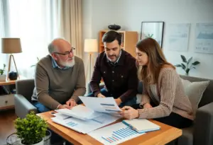 A couple discussing home buying with a realtor in an office.