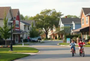 A family enjoying their suburban neighborhood in New York, surrounded by parks and local shops.