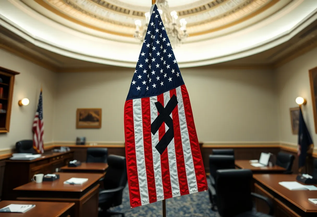 An American flag altered to feature a swastika displayed in an office cubicle