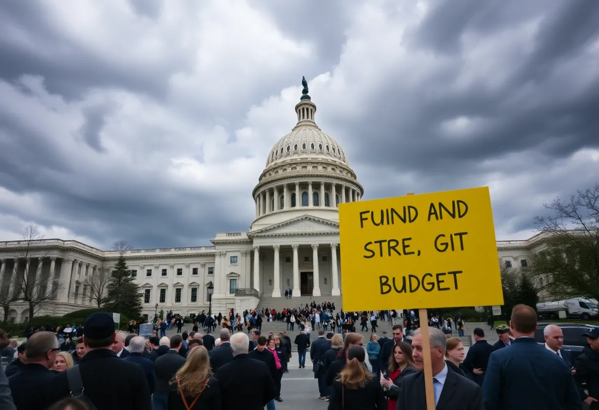 U.S. Capitol Building with cloudy skies reflecting tension over budget negotiations.