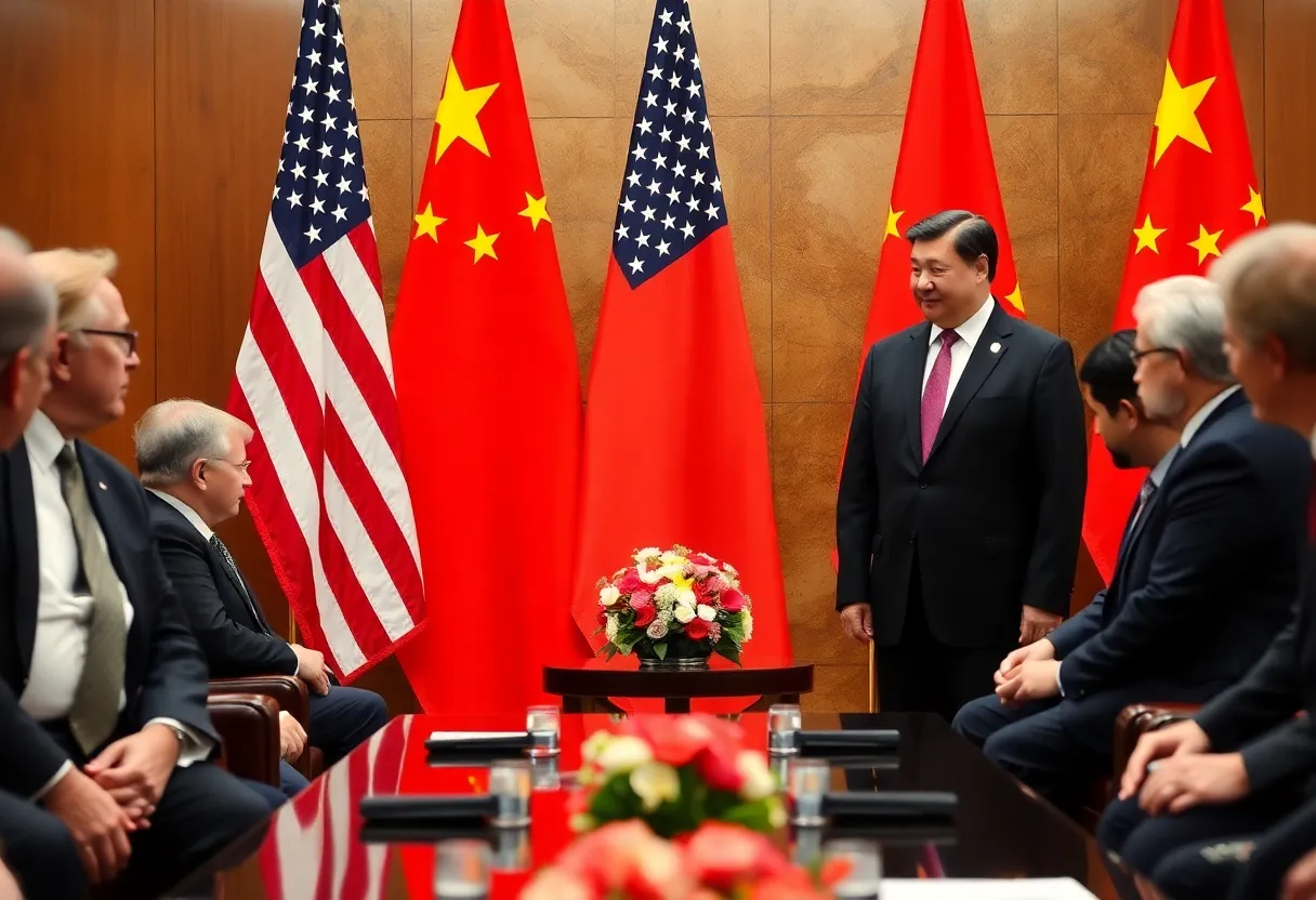 U.S. and China flags in a meeting room during trade negotiations