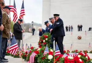 Veterans participating in a wreath-laying ceremony at a war memorial in Washington D.C.