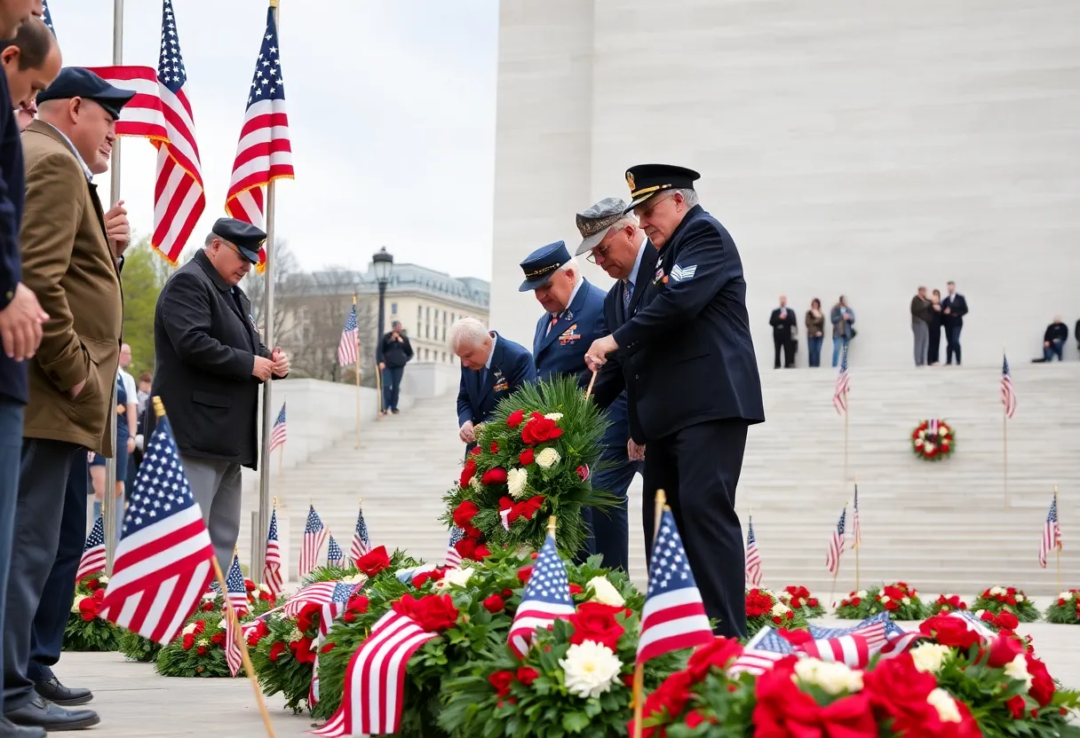 Veterans participating in a wreath-laying ceremony at a war memorial in Washington D.C.