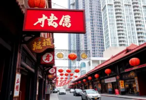A view of the historic Chinatown area in Washington D.C. showing traditional architecture and modern buildings.