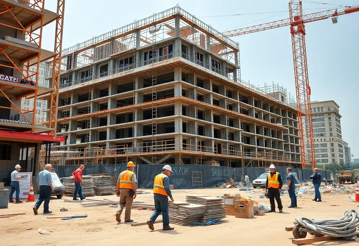Construction site in Washington D.C. with active workers and machinery.