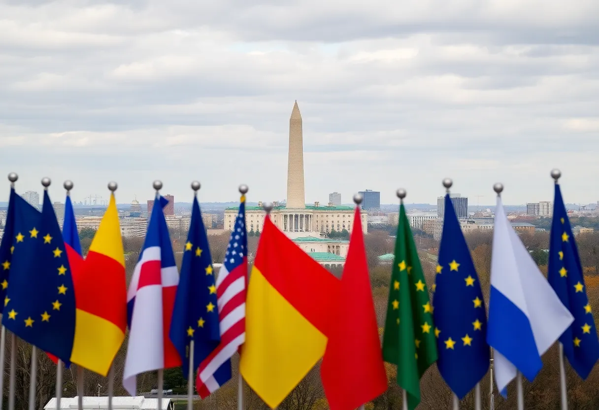 Washington D.C. skyline featuring flags from European nations.